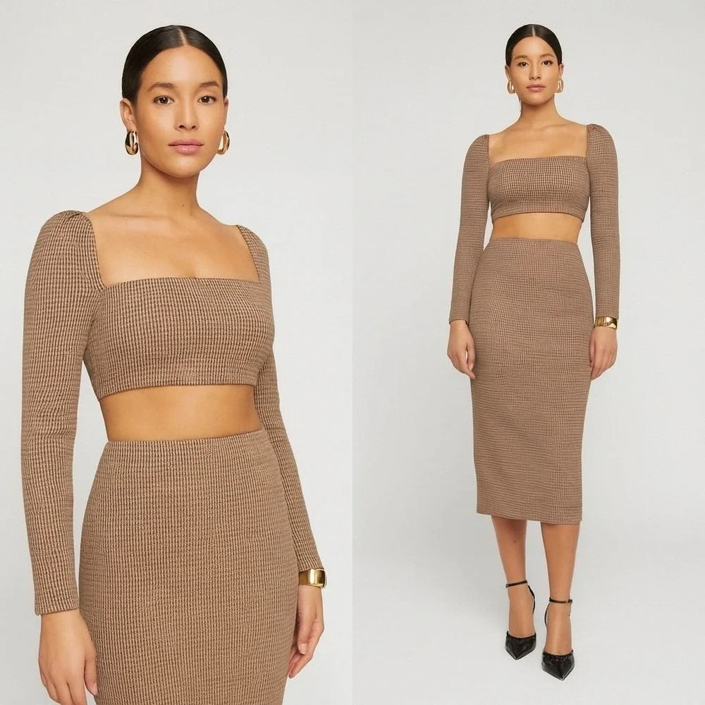 Reformation‎ Top Womens XL Brown Ladue Knit Check Cropped Preppy Quiet Luxury